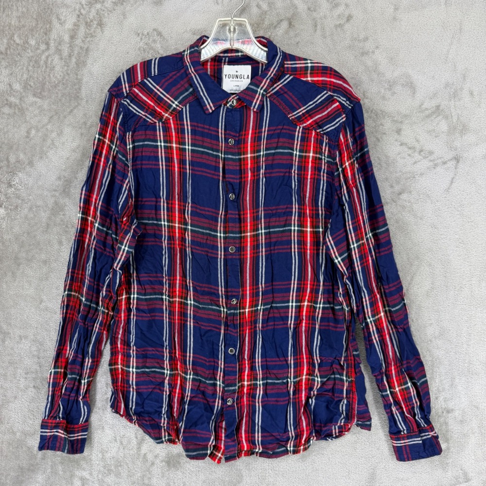 YoungLA Mens Plaid Button Down Shirt Model 806 Navy Red White Viscose‎ Large
